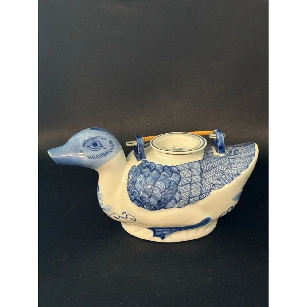 Vintage Blue & White Hand Painted Duck Teapot Floral Accents Made In China
